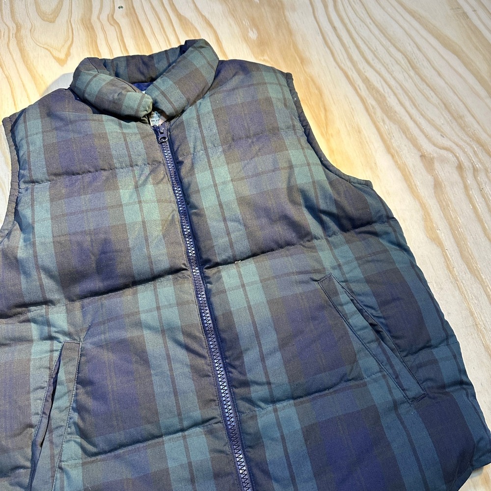 Eddie Bauer Womens Small Blue Green Plaid Goose Down Puffer Vest Blackwatch